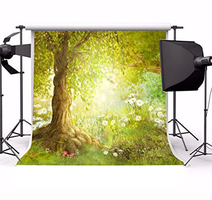 AOFOTO 4x4ft Enchanted Forest Photography Backdrop Spring Meadow Landscape with Daisies Flowers Sunlit Tree Background Nature Wildflowers Garden Scene Fairy Tale Theme Kids Baby Photo Shoot Props - size: 4x4ft