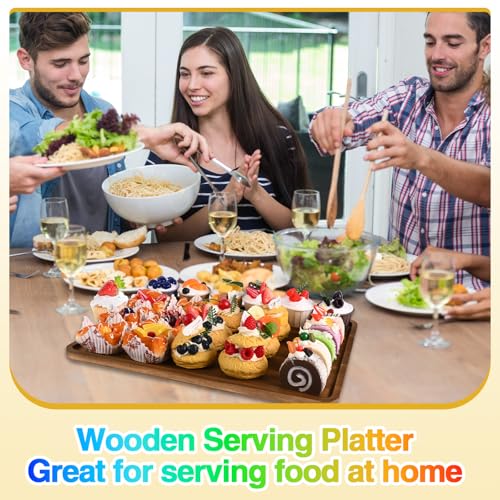 2 Pcs Acacia Wood Serving Tray, Rectangular Wooden Serving Platters Charcuterie Board, Large Wood Kitchen Display Tray for Food, Cookie, Dessert, Fruit, Snack, Vegetable, 16.6" x 12.6" x 0.6" - size: 16.6*12.6 inch