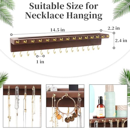 YYILIS Necklace Holder, Upgraded Extra Large Wall Necklace Organizer with 30 Hooks Wall Mounted Necklace Hanger with Jewelry Tray/Cosmetics Shelf Rustic Pine Wood Holder (Walnut) - color: Walnut