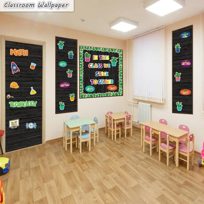 Classroom Fabric Bulletin Board 47x141inch Black Wood Texture Back to School Classroom Backdrop Decorations for Wall Door Background, DIY Craft, Bulletin Boards, Pillow, Curtain, Reusable, Easy to Cut - style: Black Wood Grain