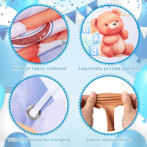We Can Bearly Wait Baby Shower Decorations Set with 50 Balloons Large 10ft Fabric Banner Blue Brown Boho Teddy Bear Theme Party Supplies for Boy Gender Reveal Backdrop Yard Sign Photo Prop