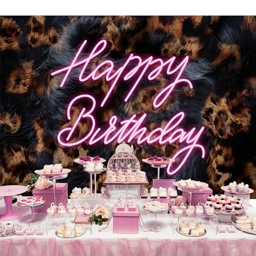 Riyidecor Leopard Print Happy Birthday Backdrop Cheetah Neon Vintage Woman Girly Fashion Cute 7Wx5H Feet Polyester Fabric Modern Photography Background Girls Table Decor Banner Studio Photo Shoot