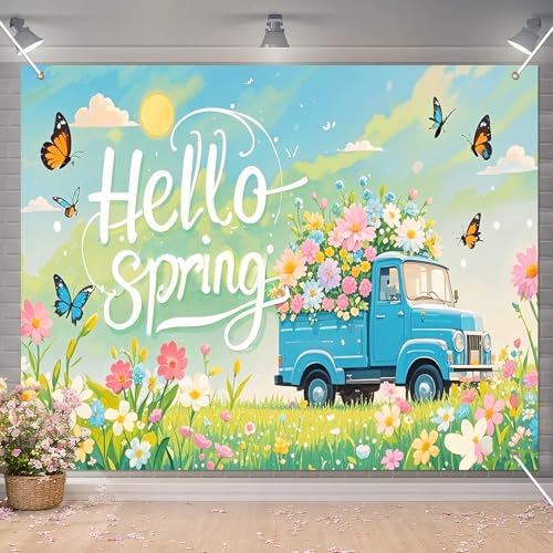 BlissYard Hello Spring Backdrop Decoration Garden Floral Banner 8x6ft Spring Photo Backdrop Vintage Truck Background for Spring Party Easter Celebration Photo Booth Event Wall Display - color: Hello Spring Backdrop#04
