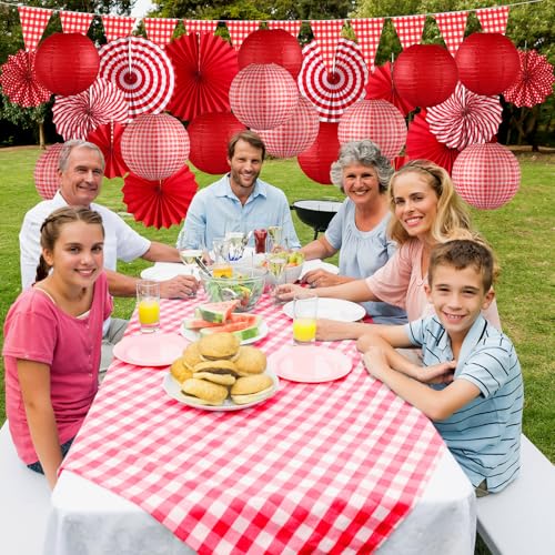 Moukeren 33 Pcs Picnic Party Decorations Set Paper Lanterns Red and White Checkered Gingham Pennant Banner with Hanging Paper Fans Tablecloth for Carnival Picnic BBQ Party Supplies