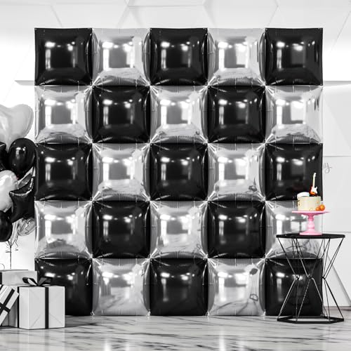 NISOCY 25PCS Black Silver Square Foil Balloons Wall Backdrop Double Sided Black Silver Balloon Arch Kit for New Year Birthday Wedding Graduation Anniversary Party Decorations - color: D02 - Black and Silver, size: 25PCS