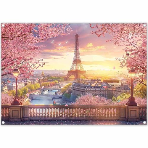 7x5ft Fabric Eiffel Tower Backdrop Paris Landscape Floral Lake Bridge Photography Background Wedding Girls Birthday Party Decorations Photo Booth Props - size: 7'x5'