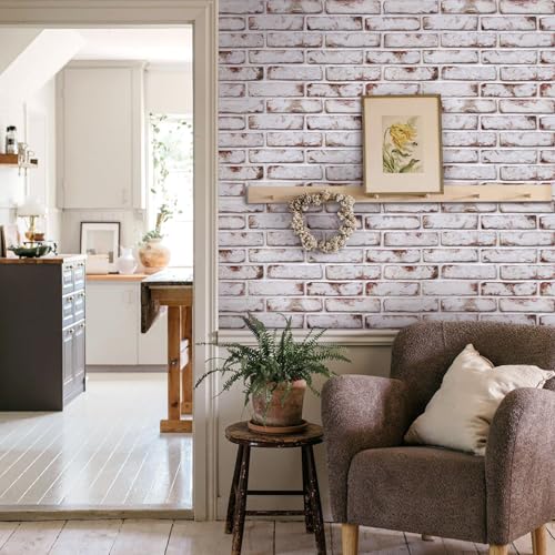 COMSTICKC 3D Faux Brick Wall Panel Red-Tinted White, Peel and Stick Wall Covering, 12 Pcs of 22.8" x 11.8", Not Real Brick, UrltraLight PVC Self Adhesive Wall Tile, Paintable, Covers 22.48 sq.ft - color: Red-Tinted White
