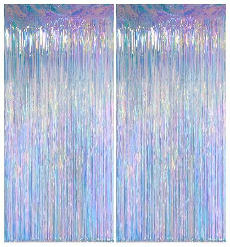 Iridescent Clear Tinsel Curtain Backdrop, 3.28 x 8ft Extra Long Rainbow Foil Fringe Curtain with Extra Tape, Shimmer Party Decoration for Ocean, Unicorn, Birthday & Photo Booth, 2 Pack - color: Iridescent
