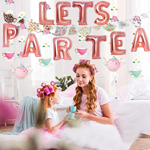 Mity rain Tea Party Decorations - Floral Teapots Teacups Balloons Banner Hanging Decorations for Baby Shower Bridal Shower Girls Birthday Party Supplies - style: Balloons + Banners