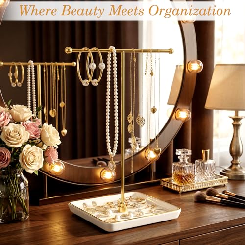 galasily Jewelry Holder Stand with Ceramic Base: 12" Tall Necklace Organizer Rack, Tree Design Display Storage for Necklaces, Bracelets, Rings, Earrings, Aesthetic Vintage Room Décor (Gold) - color: Gold