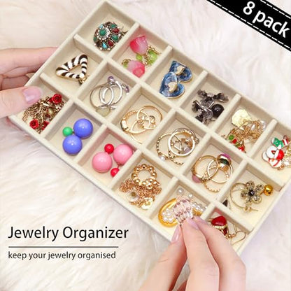 8 Pack Stackable Jewelry Organizer Tray Velvet Jewelrry Storage Drawer Insert Earring Stacking Trays for Dresser 18 Grids - color: Beige