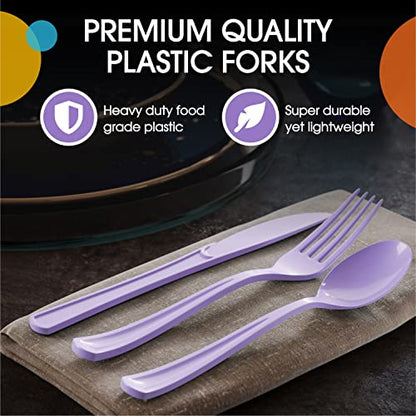 Party Solids Lavender Plastic Forks 200 Pieces Lavender Forks Disposable Utensils Heavy Duty Plastic Cutlery Set Disposable Cutlery Sets Flatware Sets Silverware Set Party Supplies & Party Tableware - color: Lavender