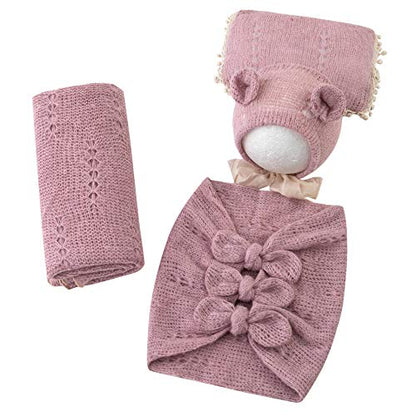 Newborn Baby Boy Girl Photography Props Bow Wrap, Posing Aid, Hat and Blanket Set of 4 Pcs - color: Purple Pink