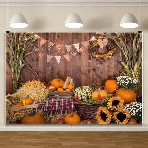 Fall Backdrop Pumpkin Leaves Flower Harvest Barn Rustic Wood Board Autumn Photography Banner Thanksgiving Baby Shower Decoration Photo Studio Props 5 * 3ft - color: Brown, size: 5x3ft