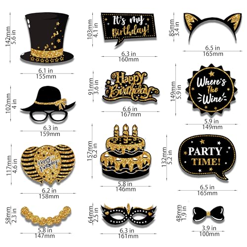 38Pcs Funny Photo Booth Props with Sticks - Selfie Pose Signs for Birthday, Valentine's Day, Men Women Party Decorations - style: Party Birthday-Gold