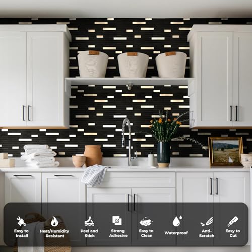 STICKGOO Peel and Stick Backsplash Tile, Stick on Backsplash for Kitchen and Bathroom, Black Mixed Gold Metal Composite Self Adhesive Wall Tiles(10 Sheets) - color: Black Mixed Gold Metal