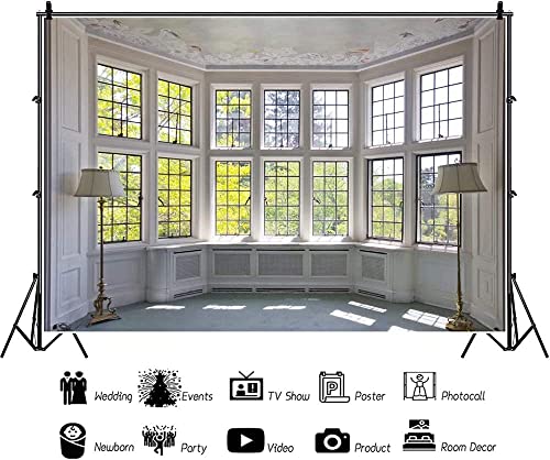 AOFOTO 12x10ft Classic French Pane Bay Windows Backdrop Luxury Retro Interior Decoration Floor Lamps Photography Background New Life Furniture Home Lifestyle Estate Modern Residence Photo Studio Props - size: 12x10ft
