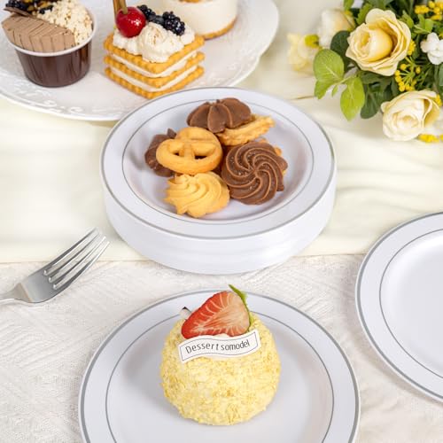 bUCLA 200PCS Silver Plastic Plates - 6.25inch White with Silver Trim Disposable Salad/Dessert/Appetizer/Small Cake Plates - Ideal for Wedding & Party - color: 6.25Inch-200pcs-Silver