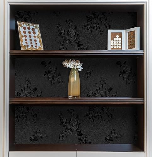 Erfoni Black Peel and Stick Wallpaper Black Floral Embossed Contact Paper 17.7inch×196.8inch Removable Textured Flower Wallpaper Self Adhesive Thicken Bedroom Countertops Cabinets Contact Paper - color: Black, size: 17.7" x 197"