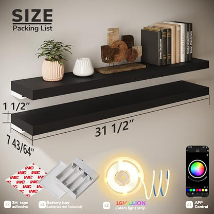 BAMEOS Floating Shelves with RGB LED, 31" Wall Mounted Wooden Shelves with Invisible Brackets, Set of 2, Hanging Wall Shelves for Bedroom, Bathroom, Living Room and Kitchen (Black) - color: Black-rgb, size: 31 x 7