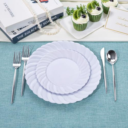 U-QE 60 Pcs White Plastic Plates for Party – Scalloped Plastic Plates Heavy Duty & Elegant – Include 30 10" Dinner & 30 7" Dessert Plate - Perfect for Party & Wedding - color: White
