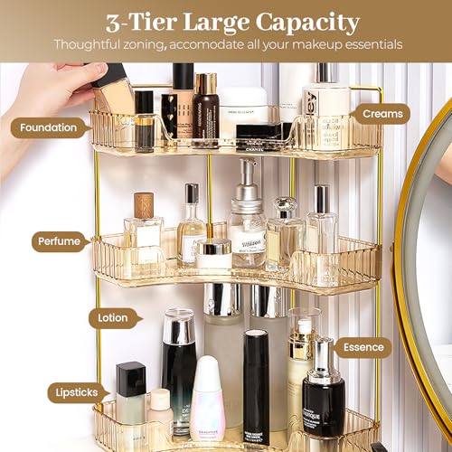 Aveniee Corner Bathroom Counter Organizer, Bathroom Countertop Shelf Makeup Organizer for Vanity Perfume Tray for Corner Storage (3 Tiers, Gold) - color: Amber Gold, size: 3 Tier