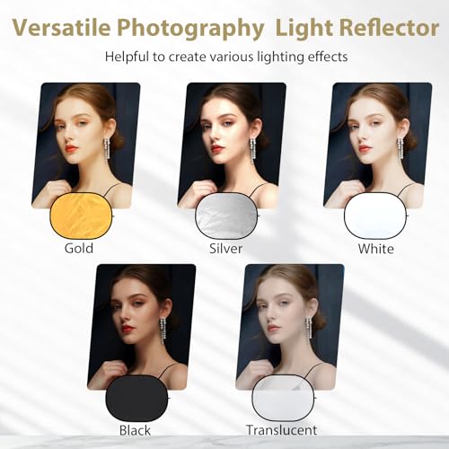 UTEBIT 35"x47"/90x120cm Photography Reflector with Stand & Clamp, 5-in-1 Oval Foldable Reflector with Carrying Bag,Translucent/Silver/Gold/White/Black Photography Reflector for Studio&Outdoor Lighting - size: 35x47 Inch