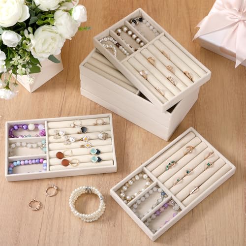 Highergo 8 Pcs Velvet Jewelry Trays Stackable Drawers Organizer Ring Earring Bracelet Necklace Storage Trays, 8.3x4.7x1''(3 Grids,7 Slots) - style: 3 Grids,7 Slots