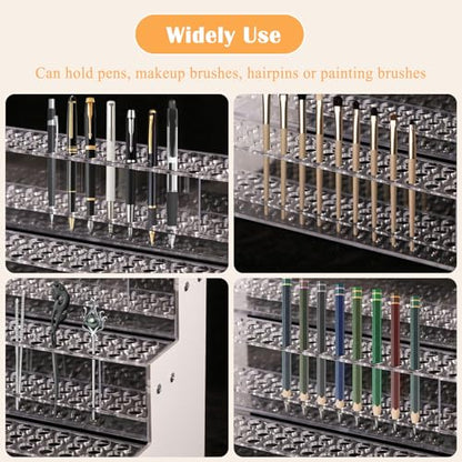 Makeup Paint & Brush Organizer Rack Pen Display Stand, Multi-Level Plastic Organization Rack Pencil Holder, Clear Pen Display Holder 3 Layer 144 Holes for Craft Shows