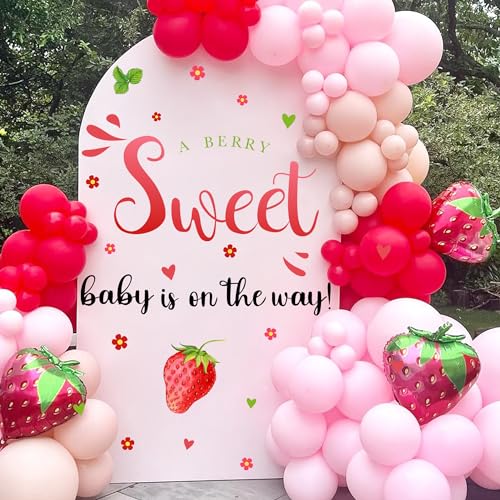 Strawberry Baby Shower Decorations Sign for Backdrop Berry Baby Gender Party Decal A Berry Sweet Baby is On The Way Decor Balloon Arch Decal Baby Girl Party Welcome Sign Newborn Pregnancy Party Supply - color: Red Green