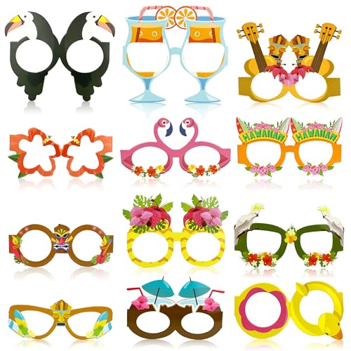 Pool Party Decorations - 12 PCS Hawaiian Theme Paper Eyeglasses for Tropical Beach - Luau Party Decorations for Summer Leis Birthday Party Favors Photo Booth Props - Luau Outfits Shirts for Women - color: Yellow Blue