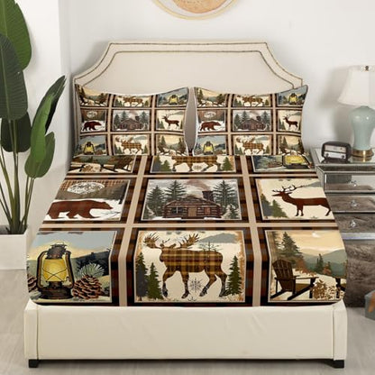 Feelyou Deer Bear Sheet Set Twin Size Kids Rustic Cabin Plaid Bed Sheets Set Boys Girls Teens Wild Animal Grid Sheets with Deep Pocket Fitted Sheet Nature Wildlife Tree Bedding Set Camper Lodge - color: Brown Green, size: Twin