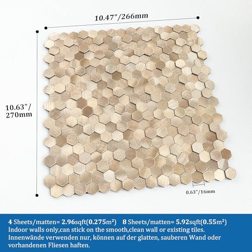 3D Metal Peel and Stick Backsplash for Kitchen,Mini Hexagon Tile Stickers Self Adhesive Wall Tiles Heat Resistant(8 Sheets,Champagne Gold) - color: Champagne Gold