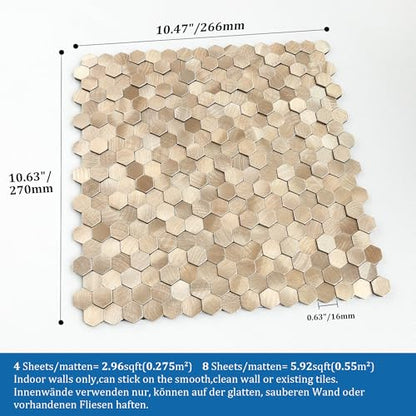 3D Metal Peel and Stick Backsplash for Kitchen,Mini Hexagon Tile Stickers Self Adhesive Wall Tiles Heat Resistant(8 Sheets,Champagne Gold) - color: Champagne Gold