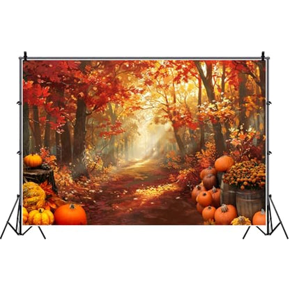 deFouliao Fall Backdrop for Photography Autumn Harvest Thanksgiving Maple Leaves Pumpkins Flowers Background Banner Thanksgiving Party Supplies Photo Booth Props, 9x6ft - color: Gold and Red, size: 9x6ft