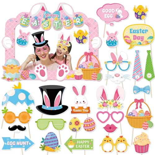 HOWAF Easter Photo Booth Props, 25pcs Happy Easter Party Decorations Photoshoot Props with Photo Frame, Egg Bunny Selfie Props for Spring Easter Photography