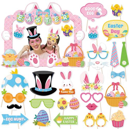 HOWAF Easter Photo Booth Props, 25pcs Happy Easter Party Decorations Photoshoot Props with Photo Frame, Egg Bunny Selfie Props for Spring Easter Photography