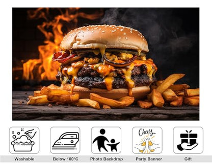 12x8ft Loaded Burger Backdrop Fiery Flame Photography Background for Food Festival and Spicy Party Decorations Tapestry Photo Booth Props - size: 12x8ft