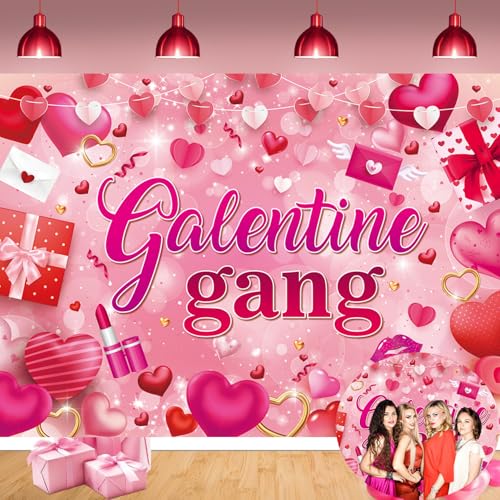 Galentine Gang Banner Backdrop 7x5FT Galentines Day Pink Cosmetics Love Heart Photography Background Valentines Girls Bestie Friend Theme Party Decorations Photo Props