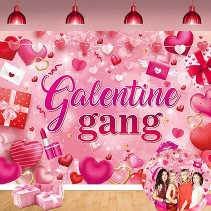Galentine Gang Banner Backdrop 7x5FT Galentines Day Pink Cosmetics Love Heart Photography Background Valentines Girls Bestie Friend Theme Party Decorations Photo Props