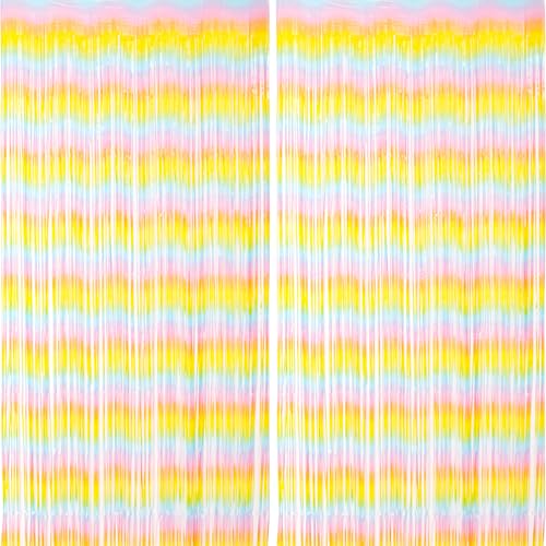 Voircoloria 2 Pack Pastel Rainbow Foil Fringe Backdrop Curtains, Tinsel Streamers Birthday Party Decorations, Fringe Backdrop for Baby Shower, Gender Reveal, Birthday Party - color: 32 Pastel Rainbow