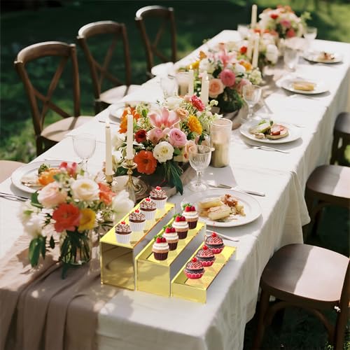 6 PCs Risers Display Stands 3 Tiers Desktop Acrylic Shelves Cake Dessert Holder Products Stand for Collectibles Shoes Jewels Pop Figure (Golden) - color: Golden 6 PCs