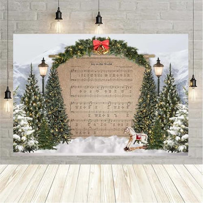 Merry Joy to The World Sheet Music Photography Background Snow Scene Mountain Christmas Tree Backdrops Xmas Party Supplies Family Kids Party Banner Merry Christmas Backdrop,6x4feet - size: 6x4feet