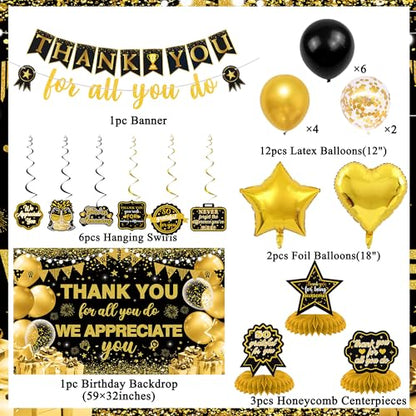 Vlipoeasn We Appreciate You Banner Decorations, Black Gold Thank You for All You Do Backdrop Banner Honeycomb Centerpieces, Retirement Office Decor Staff Teachers Professors Doctor Nurses Appreciation - style: Black Gold