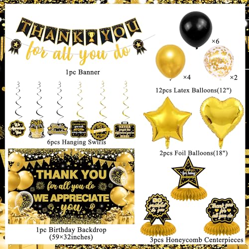 Vlipoeasn We Appreciate You Banner Decorations, Black Gold Thank You for All You Do Backdrop Banner Honeycomb Centerpieces, Retirement Office Decor Staff Teachers Professors Doctor Nurses Appreciation - style: Black Gold