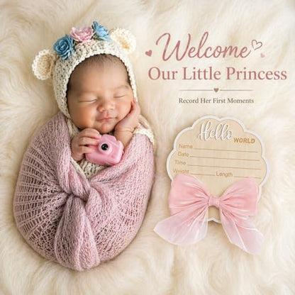 Flower-Shaped Newborn Announcement Sign for Baby Girl, Wooden Hello World Birth Stats Board with Pink Bow, Hospital Photo Prop, Baby Name Keepsake - color: Pink Bow