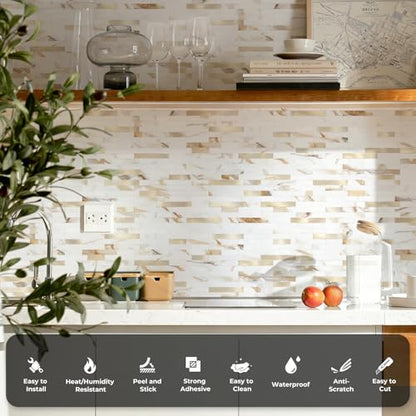 STICKGOO Peel and Stick Backsplash Tile, Stick on Backsplash for Kitchen and Bathroom, Calacatta Gold Marble Look PVC Mixed Metal Gold Self Adhesive Wall Tiles(10 Sheets) - color: Calacatta Gold Mixed Metal Gold