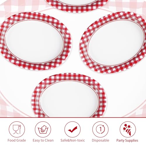 50Pcs Gingham Oval Paper Plates 10" x 12" Large Disposable Heavy Duty Red and White Buffalo Checked Plaid Dessert Platter Sturdy Plate for Summer Pizza BBQ Picnic Crawfish Boil Birthday Party Supplies - style: Red and White Oval Plates
