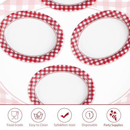 50Pcs Gingham Oval Paper Plates 10" x 12" Large Disposable Heavy Duty Red and White Buffalo Checked Plaid Dessert Platter Sturdy Plate for Summer Pizza BBQ Picnic Crawfish Boil Birthday Party Supplies - style: Red and White Oval Plates