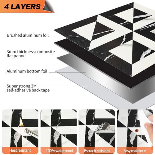 10-Sheets Stunning 3D Visuals Peel and Stick Backsplash Mosaic Tiles, PVC Stone Look,Heat Resistant Stick on Tiles for Kitchen Wall, Bathroom, Laundry Room (Black Marquina + White Marble) - color: Black Marquina + White Marble